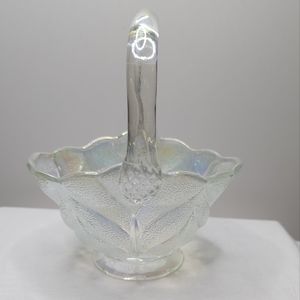 Vintage Glass Basket Iridescent Frosted Leaf Design LE Smith 7 inches Tall